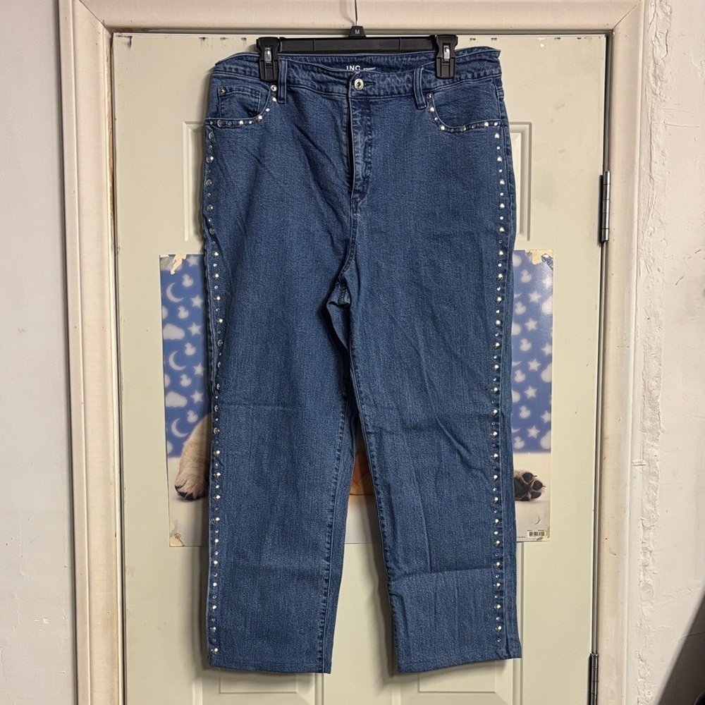 Women's Blue Jeans with Studded Detail - Picture 1 of 5